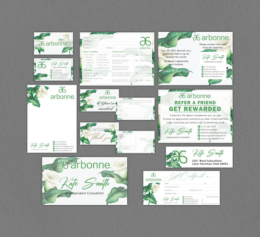 Green Watercolor Flowers Arbonne Marketing Bundle, Personalized Arbonne Cards, Arbonne Business Card AB147