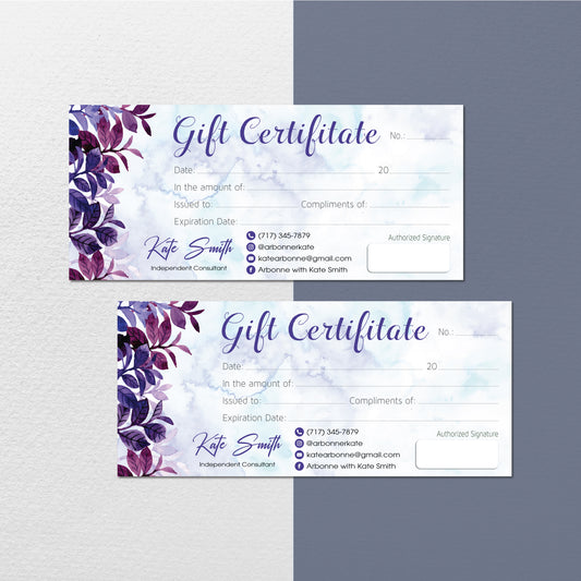 Purple Hand Drawn Leaves Arbonne Gift Certificate, Personalized Arbonne Business Cards AB148