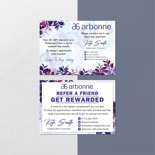 Purple Hand Drawn Leaves Arbonne Referal Card, Personalized Arbonne Business Cards AB148