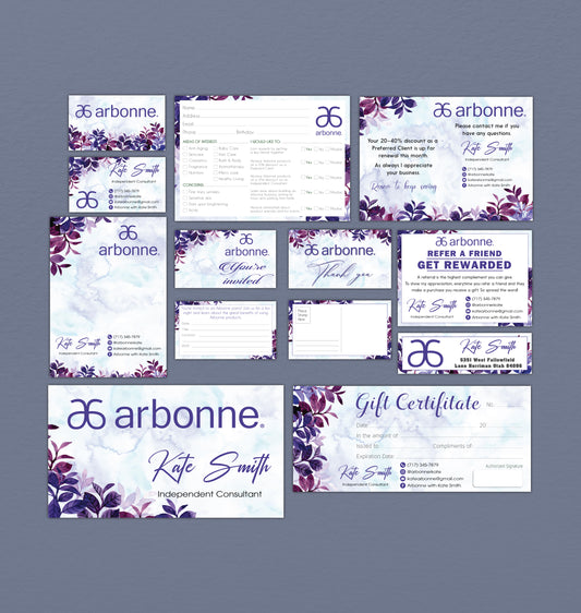 Purple Hand Drawn Leaves Arbonne Marketing Bundle, Personalized Arbonne Cards, Arbonne Business Card AB148