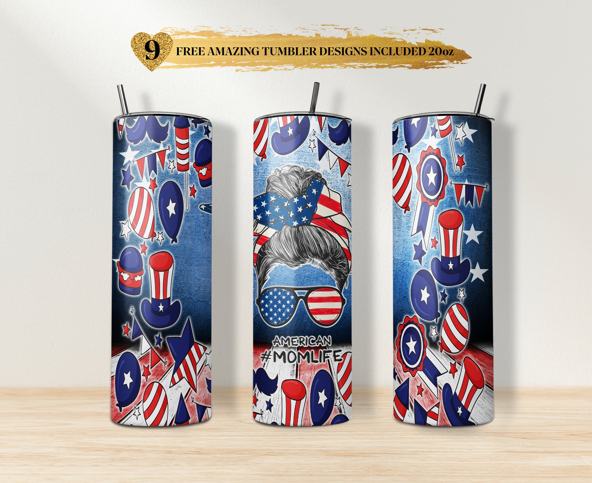 20 oz & 30 oz Skinny Tumbler Sublimation Designs, American Momlife Love USA Flag Night Party Tumbler - PNG Digital Download