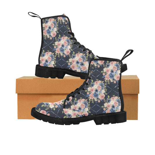 Floral Flowers Boots, Navy Flowers Martin Boots for Women