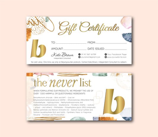 Beautycounter Gift Certificate, Personalized Beautycounter Business Cards BC11