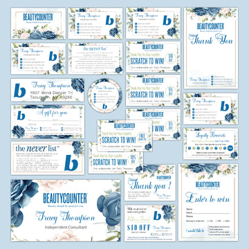 Blue Flowerful BeautyCounter Marketing Bundle, Personalized BeautyCounter Business Cards BC34