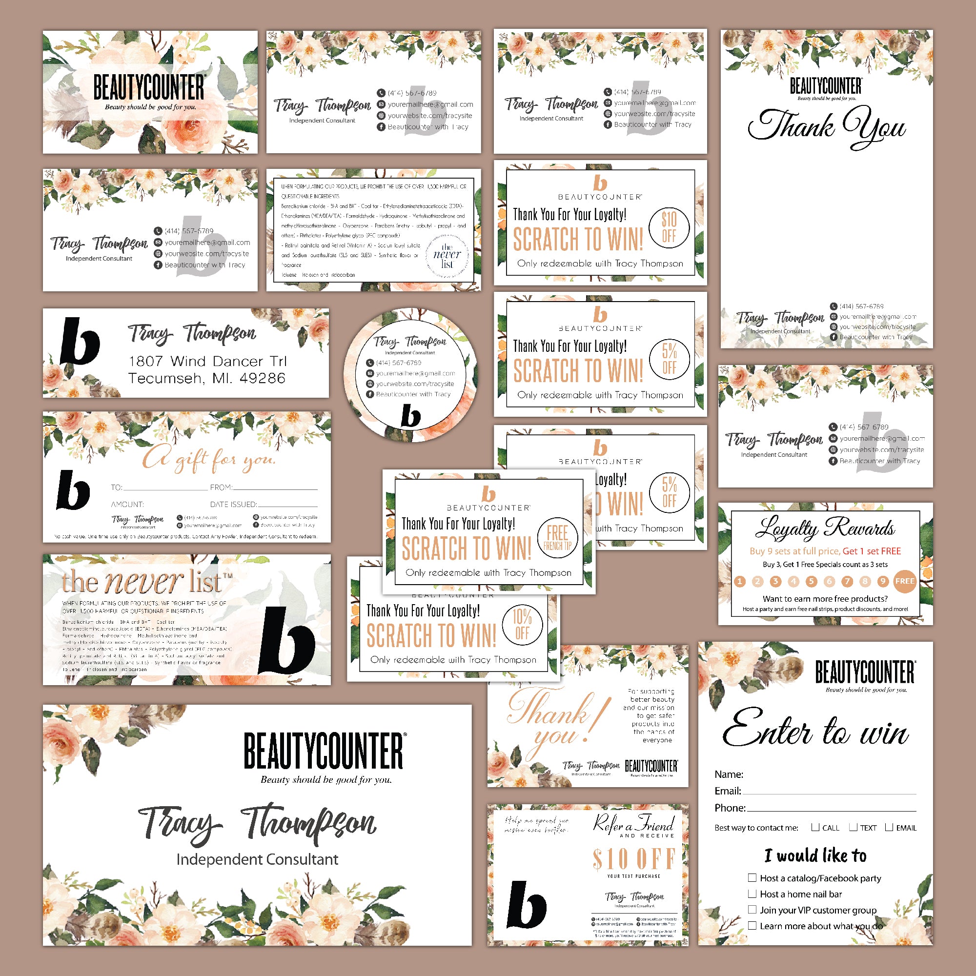 Watercolor Flowers BeautyCounter Marketing Bundle, Personalized BeautyCounter Business Cards BC21