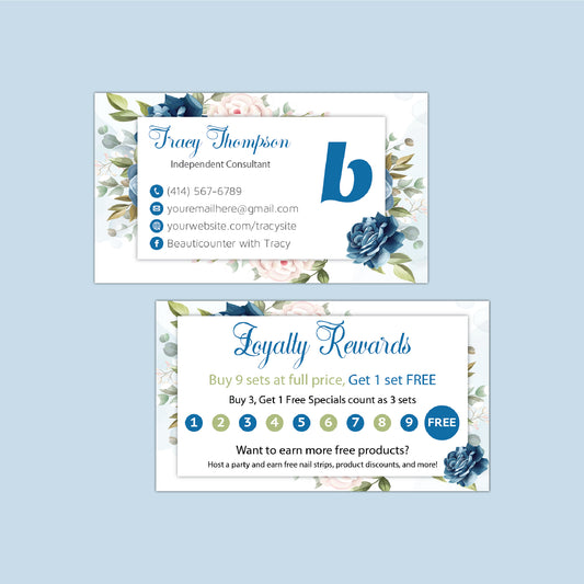 Blue Flowerful Beautycounter Loyalty Reward Cards, Personalized Beautycounter Business Cards BC34