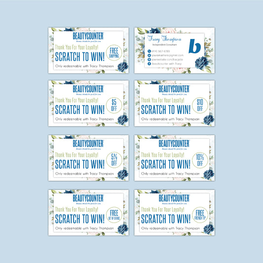 Blue Flowerful Beautycounter Scratch To Win, Personalized Beautycounter Business Cards BC34