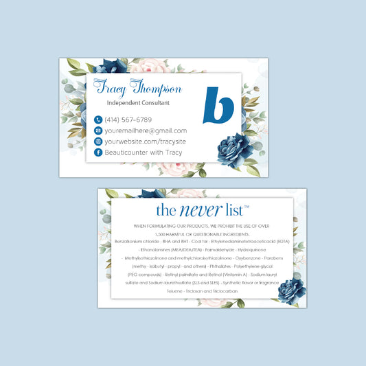 Blue Flowerful Watercolor Beautycounter The Never List Cards, Personalized Beautycounter Business Cards BC34