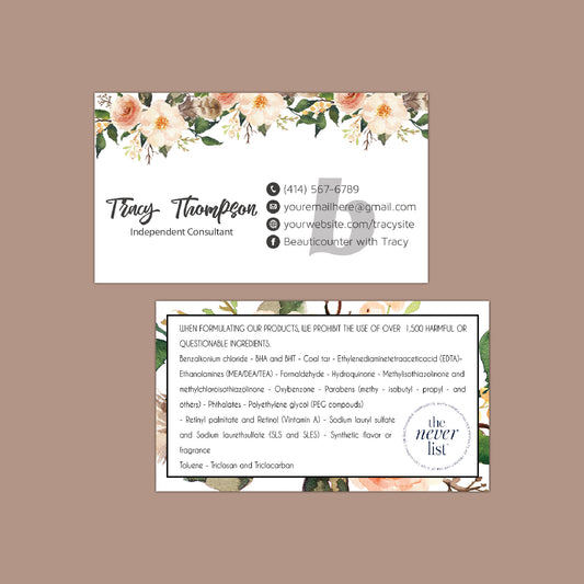 Watercolor Flowers Beautycounter The Never List Cards, Personalized Beautycounter Business Cards BC21
