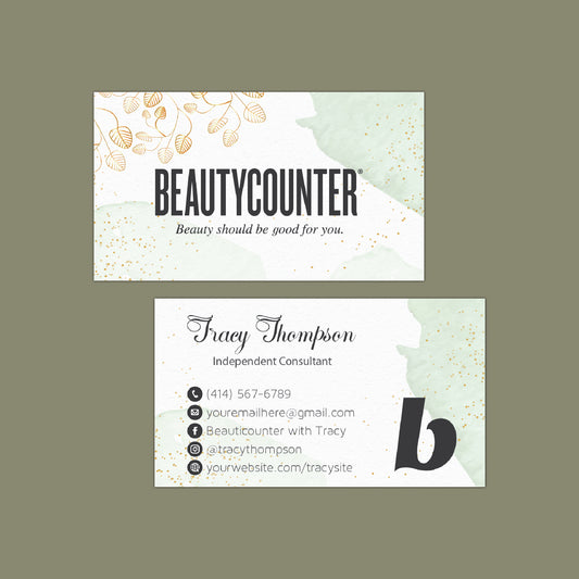 Green Watercolor And Gold Tree Beautycounter Business Card, Personalized Beautycounter Business Cards BC40