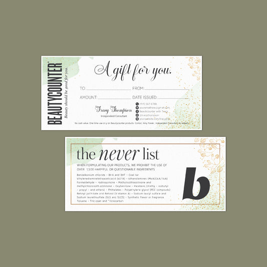 Green Watercolor And Gold Tree Beautycounter Gift Certificate, Personalized Beautycounter Business Cards BC40