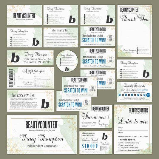 Green Watercolor And Gold Tree BeautyCounter Marketing Bundle, Personalized BeautyCounter Business Cards BC40