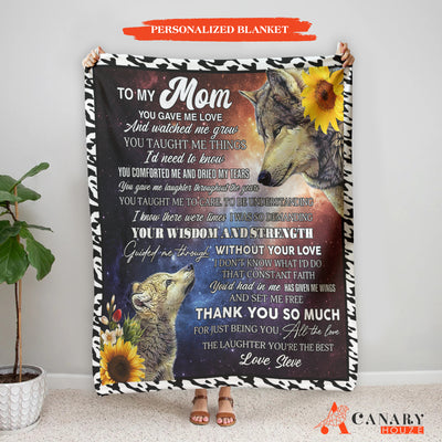 Love Wolf Blanket, Wolf And Sunflower, Personalized Blanket Gift, Mother's Day Gift BL102