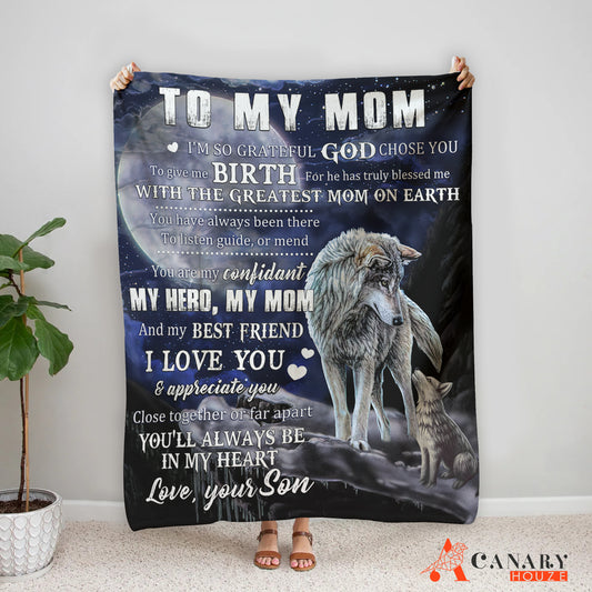 Blanket Gift For Mom, Mother's Day Gift, Love My Best Mom, Wolf Under Moon BL118