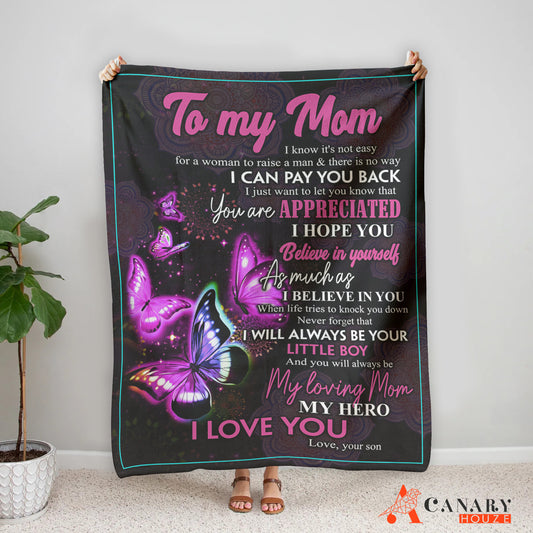 Blanket Gift For Mom, Mother's Day Gift, Love My Mom, Mandala And Neon Butterfly BL143