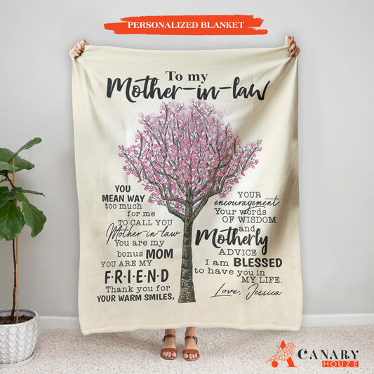 This Blanket For Mother In Law is the ideal Mother's Day Gift, crafted with a cozy fabric to provide warmth and comfort. It features a beautiful sakura tree template that will surely make mom smile. Perfect for any time of year, this blanket is sure to be a cherished gift.