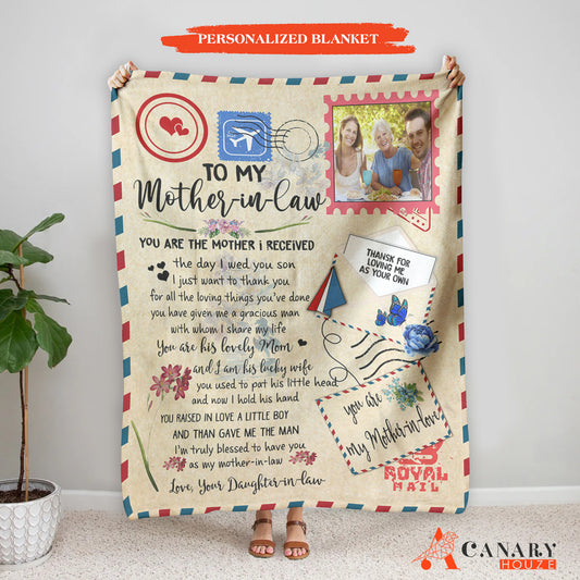 This cozy blanket custom photo makes the perfect gift for meaningful moments. Its warm and soft material with high-quality printing will make the perfect addition to your home decor. Made from 100% polyester, this unique Mother-in-law Gift or Mother's Day Gift is sure to bring joy and warmth.