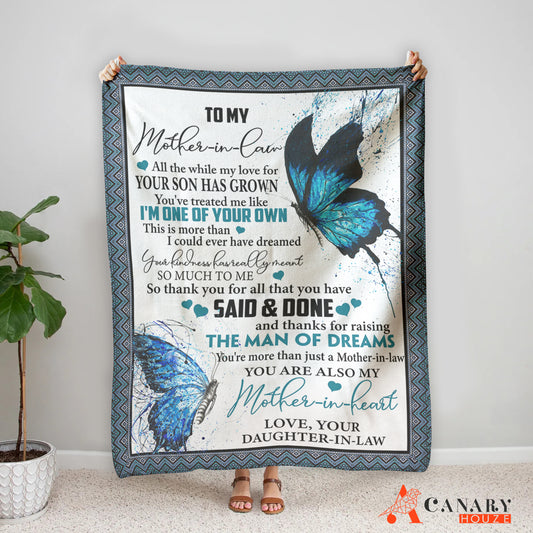 This Blanket Couple Of Butterfly is a thoughtful Mother's Day gift, perfect for showing your appreciation for any mother-in-law! Made with a premium polyester, this blanket is soft and stylish, making it the ideal gift for any occasion. Its vibrant colors and intricate design will make a lasting impression.