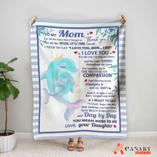 The Blanket Dolphin Family, Mother's Day Gift is perfect for making Mom feel special. This cozy blanket is made of the softest material and features a beautiful dolphin family with a message of love. Make Mom's day with this meaningful gift!