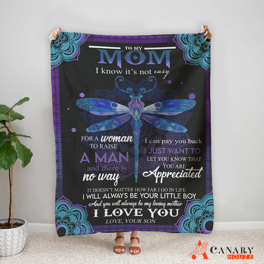 Love Mom Blanket Gift, Dragonfly Template, Blue Galaxy Blanket, Gift For Mother BL38