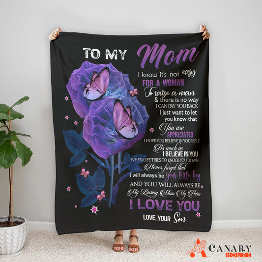 Mother Blanket Gift, Mom And Son, Purple Butterfly And Rose, Mother's Day Gift BL86