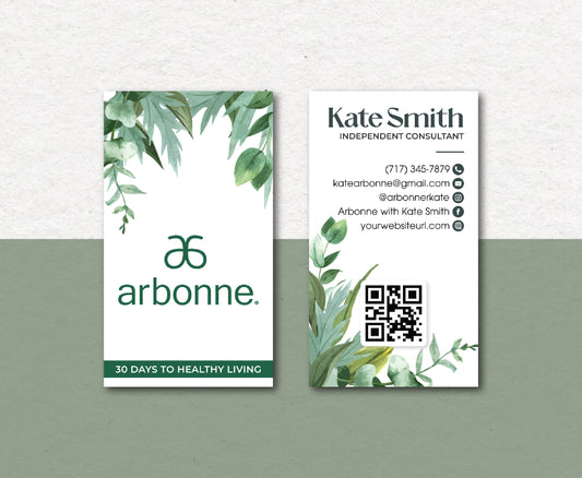 Green Leaves QR Code Arbonne Card, Personalized Arbonne Business Cards AB22