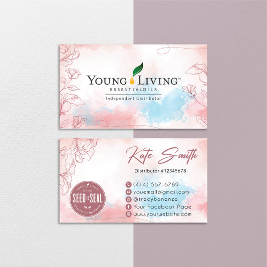 Pink Watercolor Flower Young Living Business Card, Personalized Young Living Business Cards YL61