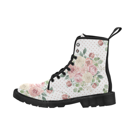 Pastel Rose Boots, Watercolor Floral Dots Martin Boots for Women