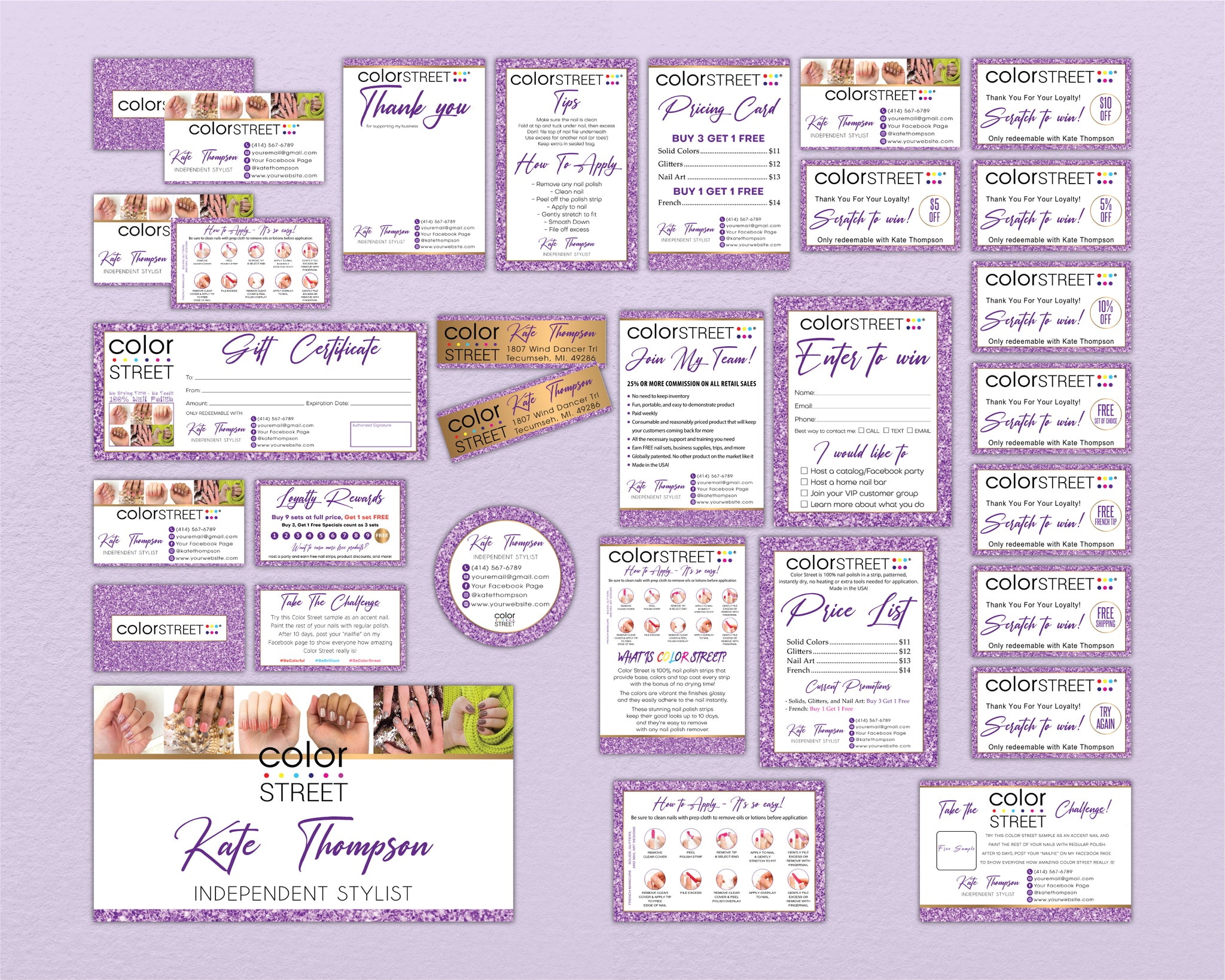 Purple Color Street Marketing Set, Personalized Color Street Cards CL205