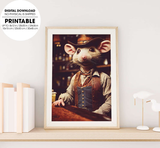 Bartender Cute, Adorable Rat Dressed In Wild West, Bartender Gift, Poster Design, Printable Art
