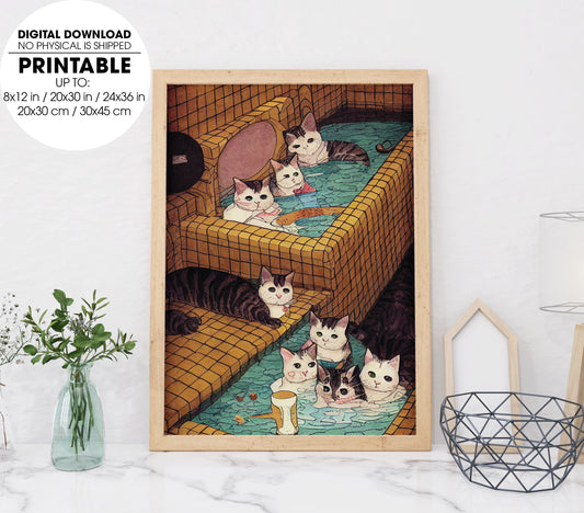 Quirky Underground Comic Style Illustration, Bath House Onsen Cats, Poster Design, Printable Art