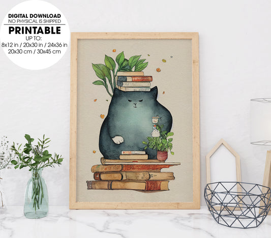 A Giant Cozy Cat With Books And House, Anime Cat, Bookworm, Poster Design, Printable Art