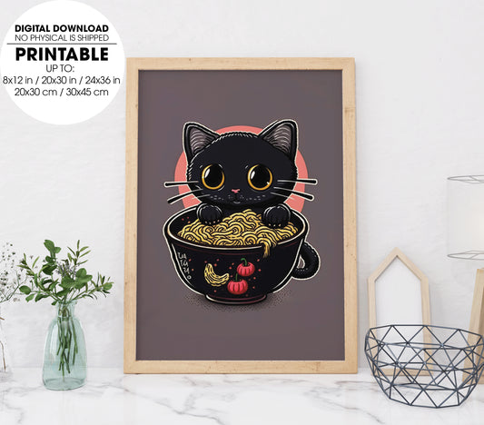 Cute Kawaii Black Cat Kitten Ramen, Cute Kitten Love Japanese Noodles, Poster Design, Printable Art