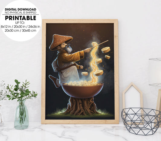 Ramen Wizard Casting Mushroom Magic, A Man Witch With A Pot Of Noodles, Poster Design, Printable Art