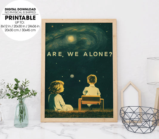 Are We Alone Lonely Young Boy And Girl, A Starry Night, Grassy Field, Poster Design, Printable Art