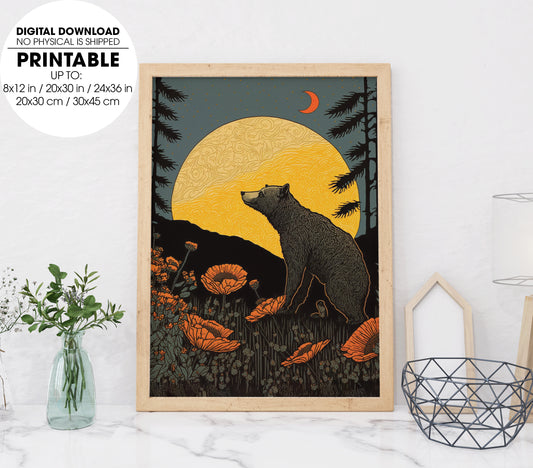 Woodblock Woodcut California Bear, Bear Under The Moon And The Forest, Poster Design, Printable Art