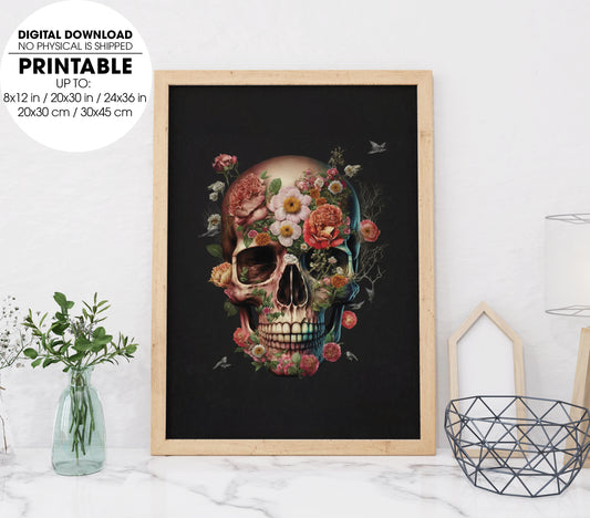 The Skull Covered By Flowers, Skull So Art With Flowers Blossom, Poster Design, Printable Art