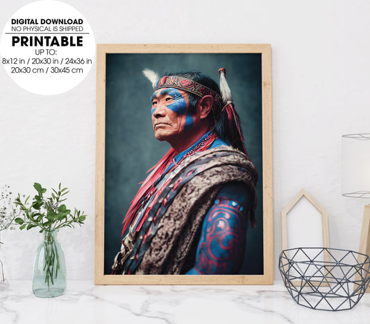 Portrait Photo Of A Asia Old Warrior Chief, Soldiers Into The Forest, Poster Design, Printable Art