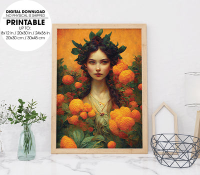 Goddess Of Gardens, Orange Backdrop, Divine Of Fresh Fruit, Poster Design, Printable Art