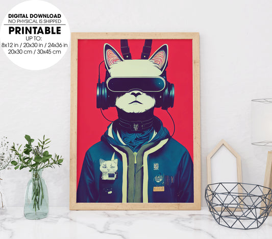 Cat Wearing Vr Headset With Cat Ears, Modern Cat Wear Earphone, Poster Design, Printable Art
