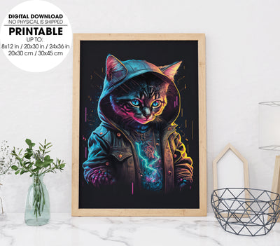 Cyberpunk Cute Kitten Dressed As A Mage, Negative Space, Poster Design, Printable Art
