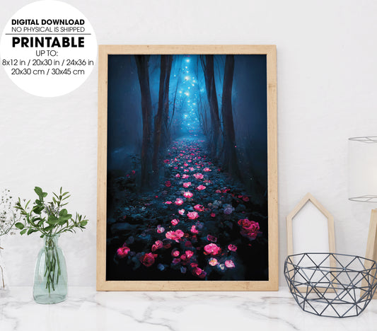 Dark Rose Forest. A Rose Path, Long Floating Blue Roses On The Ground, Poster Design, Printable Art