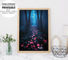Dark Rose Forest. A Rose Path, Long Floating Blue Roses On The Ground, Poster Design, Printable Art