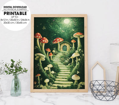 Secret Garden Of Mushroom House In Little Forest At Night, Poster Design, Printable Art