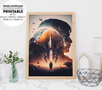 Triple Exposure Astronaut Spaceshuttle Through The Solar System, Poster Design, Printable Art