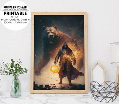 Man In Dark Clothes, Scared And Runs Away From Huge Polar Monster Bear, Poster Design, Printable Art