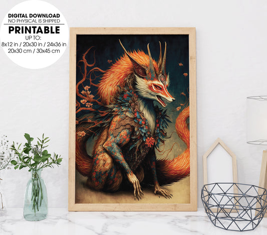 Traditional Japanese Demon Fox, Japanese Fox, Love Fox For My Live, Poster Design, Printable Art