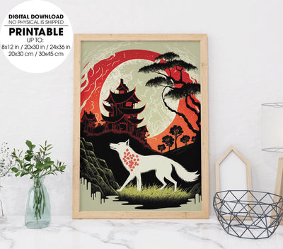Japanese Fox With Big Moon, Japanese Style, Japan Temple, Fox Lover, Poster Design, Printable Art