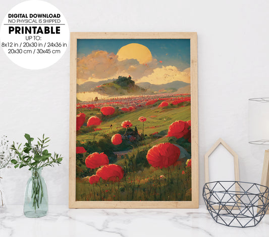 Sunset Hills With A Field Of Poppy, Big Poppies Farm, Meadow Lover, Poster Design, Printable Art