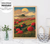 Sunset Hills With A Field Of Poppy, Big Poppies Farm, Meadow Lover, Poster Design, Printable Art